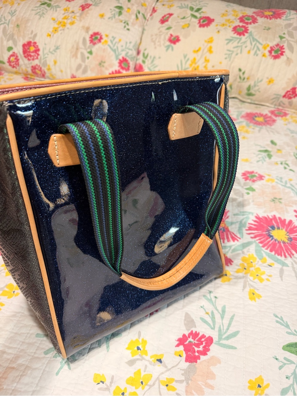 Consuela Glittery Navy Patent Chica Tote Bag with Multicolor Accents - Picture 7 of 8